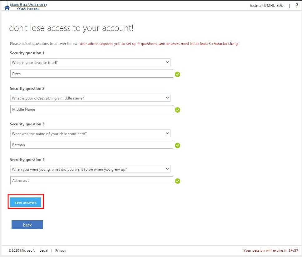 Configure Self Service Password Resets MHU ITS Department