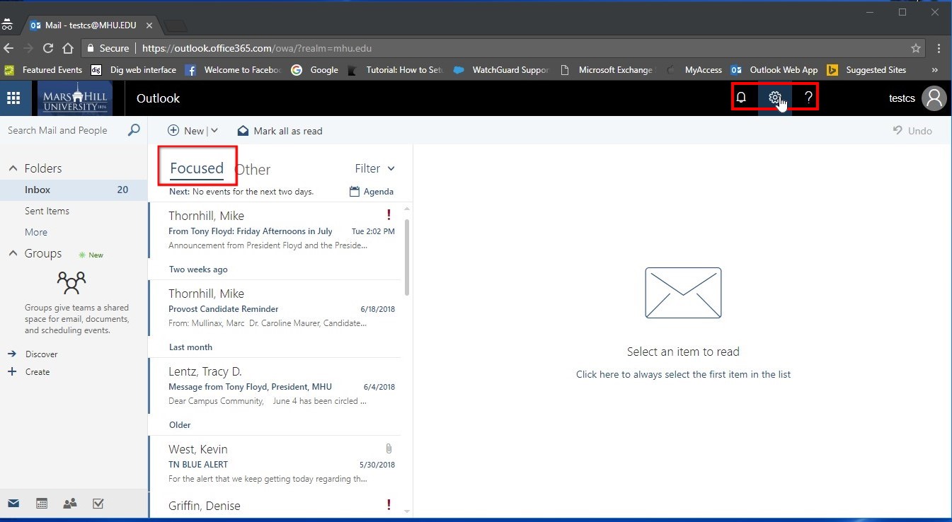 By default O365 Outlook Web Access has "Focused Inbox" enabled. This attempts to group the people you interact with the most to appear first. Follow the remaining steps if you wish to disable this feature.
